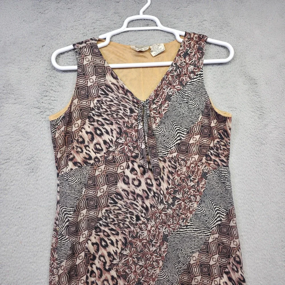 Vintage Kathie Lee Dress Womens XL Brown Patchwork Animal Print Floral Tie Neck‎